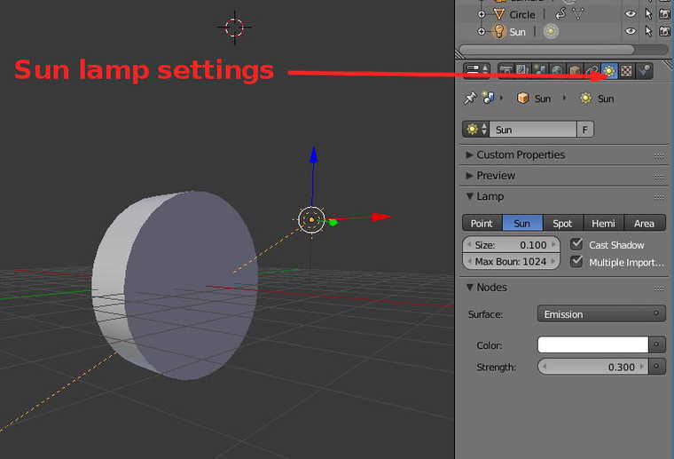 To see a Sun lamp in Blender. Увидеть источник типа «Солнце» в Blender