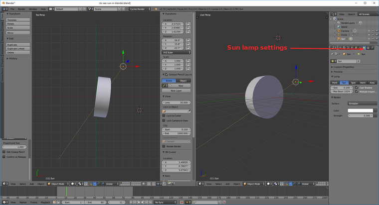 To see a Sun lamp in Blender. Увидеть источник типа «Солнце» в Blender